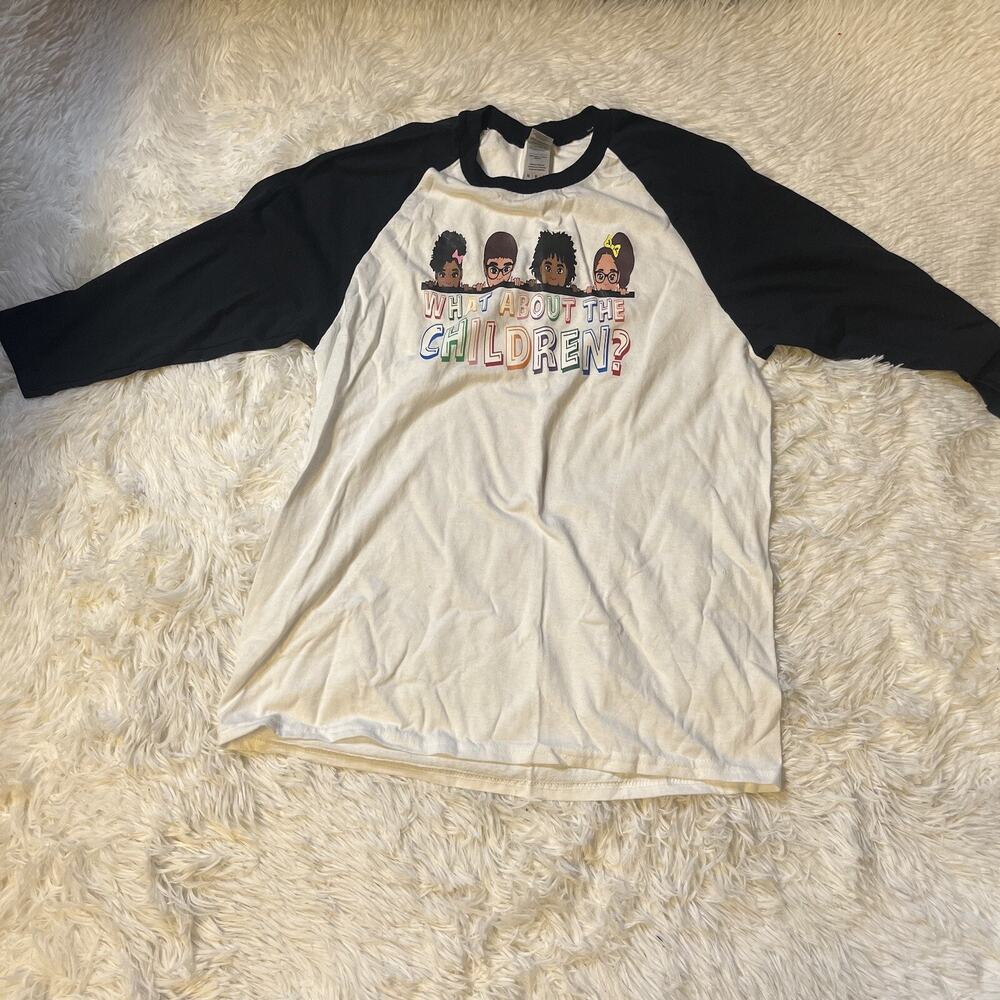 What About The Children T-shirt White 3/4 Sleeve Pullover Medium